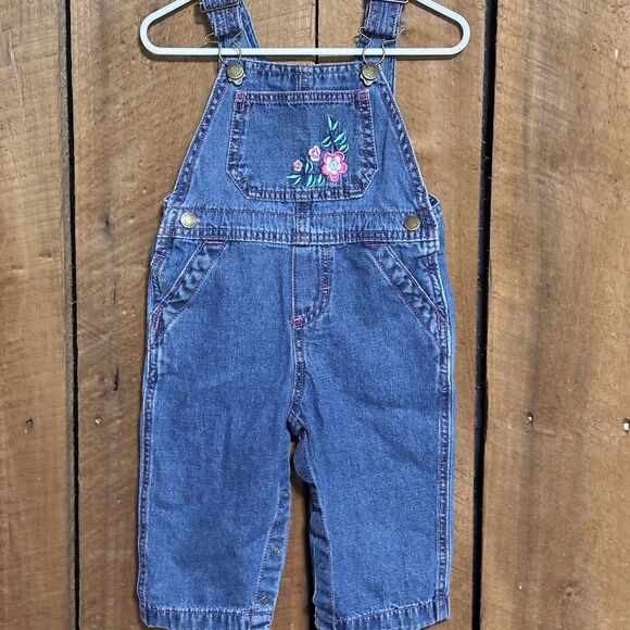 Vintage Fisher Price 12 Month  Jean Overalls With Embroider Pink  And Flowers - Picture 1 of 10